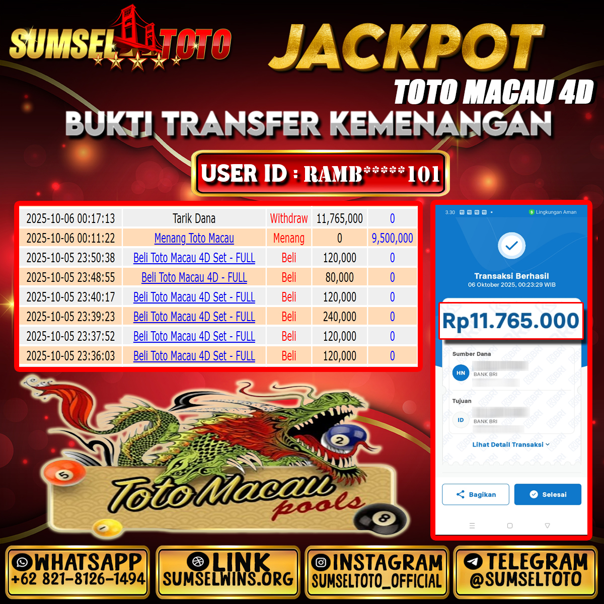 SUMSELTOTO JACKPOT TOTO MACAU 4D  Rp.11,765,000.,- LUNAS